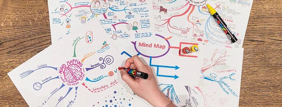 Personne qui réalise une carte heuristique, un mind mapping ou une carte mentale créative avec beaucoup de couleurs